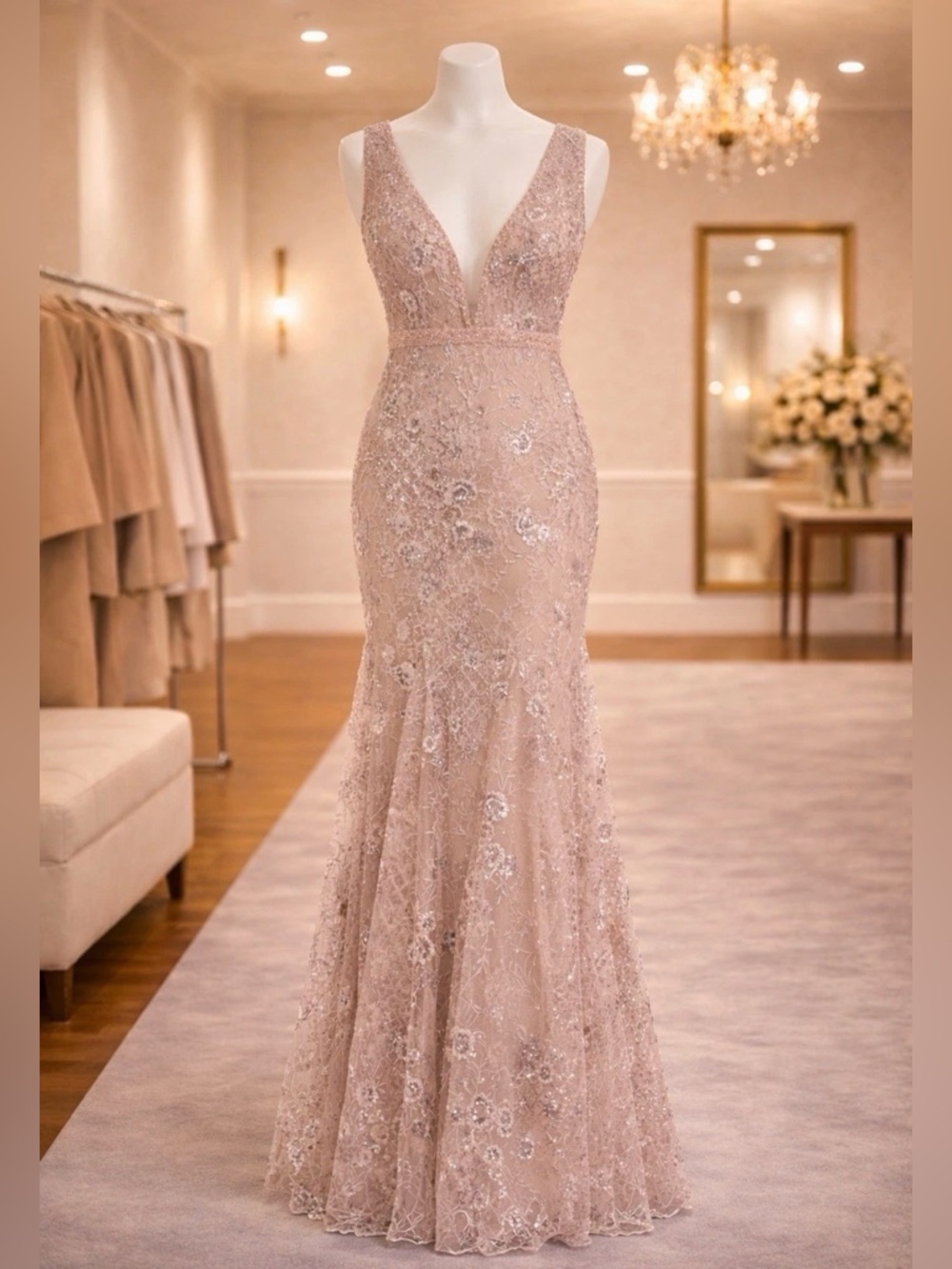 Mac Duggal IEENA 67481 Blush Sequin Embellished Plunge Neck Mermaid Gown 12 NWT